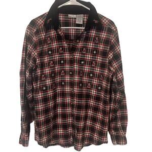 Bobbie Brooks Vintage 90s Women XL Christmas Embroidered Plaid Button Up